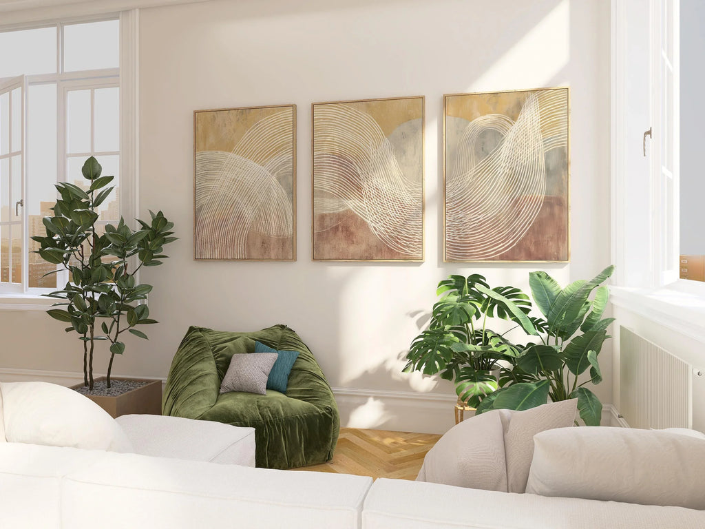 Beige terracotta abstract line wall art – minimalist triptych warm tones