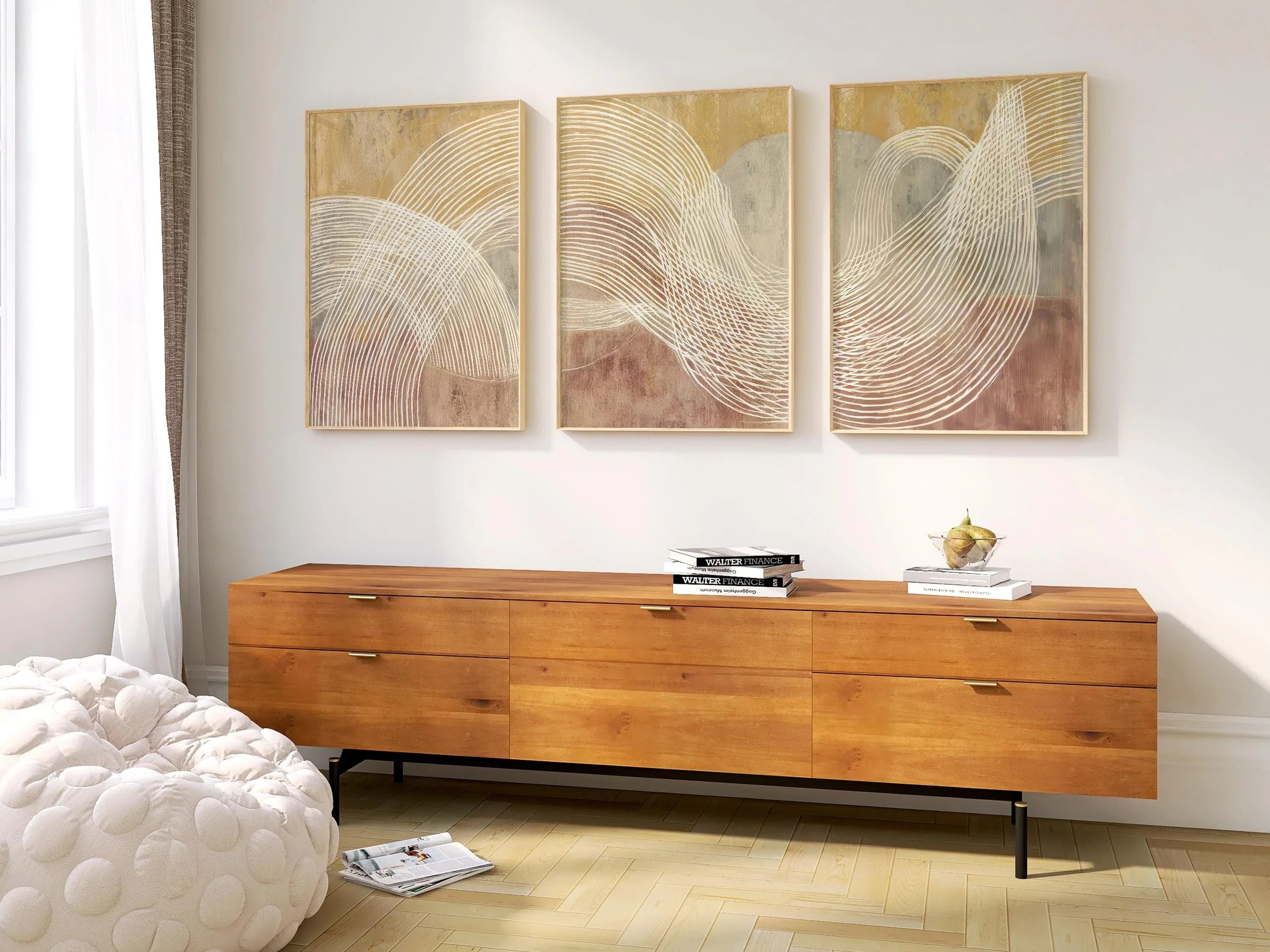 Beige terracotta abstract line wall art – minimalist triptych warm tones