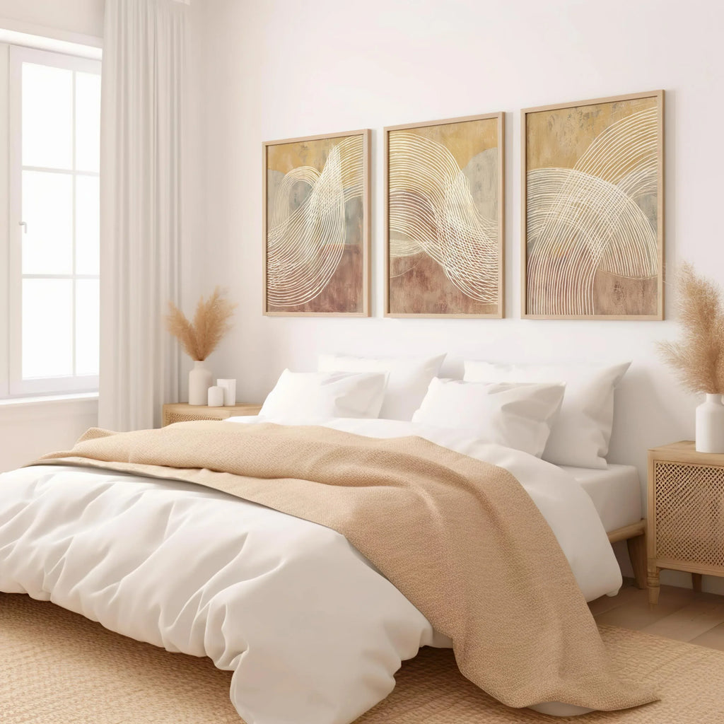 Beige terracotta abstract line wall art – minimalist triptych warm tones