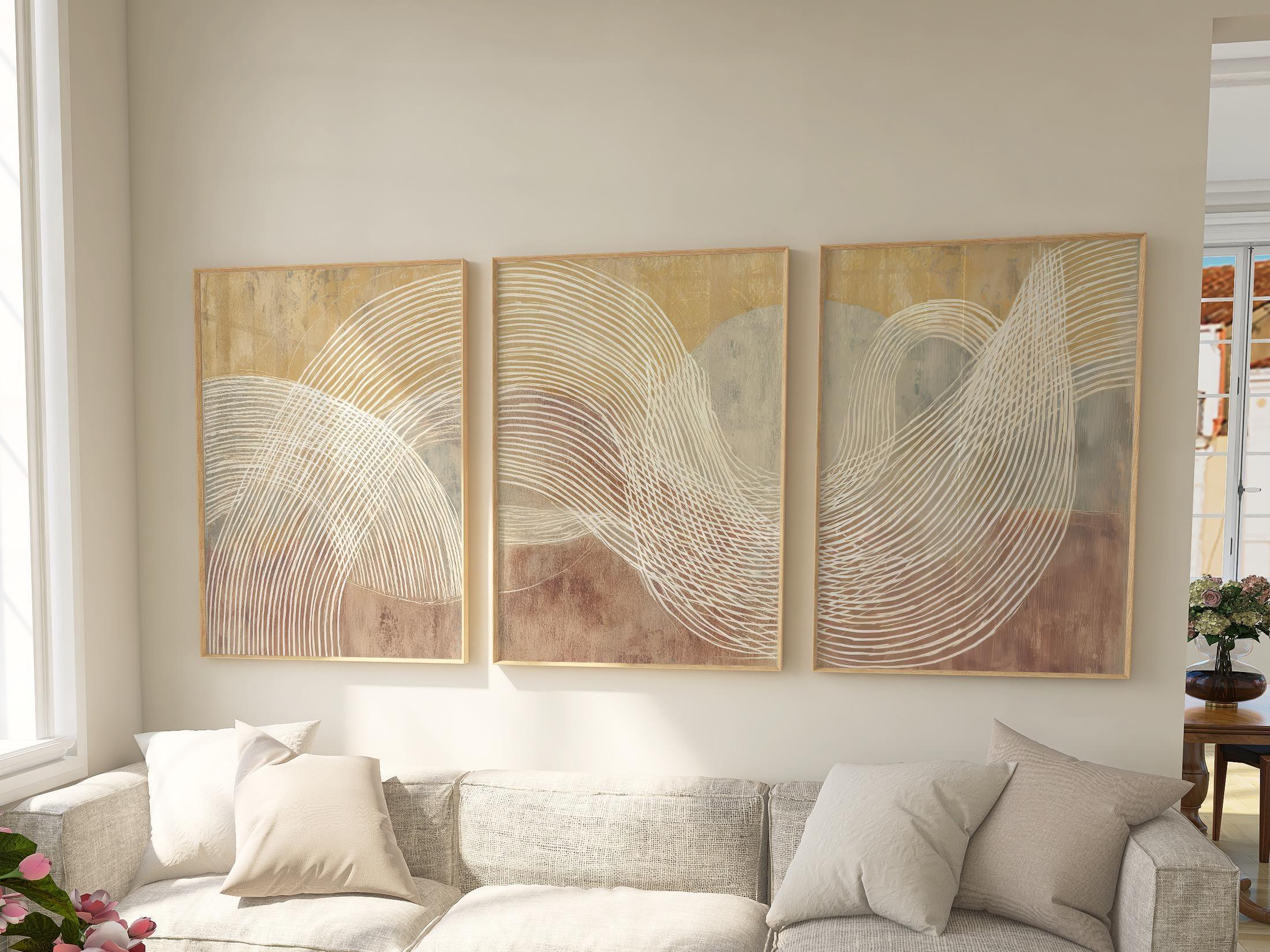 Beige terracotta abstract line wall art – minimalist triptych warm tones