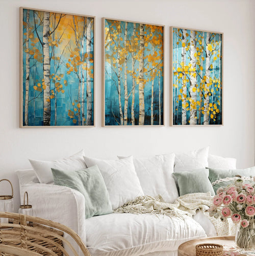 Birch tree wall art set of 3 – gold and navy blue abstract botanical decor