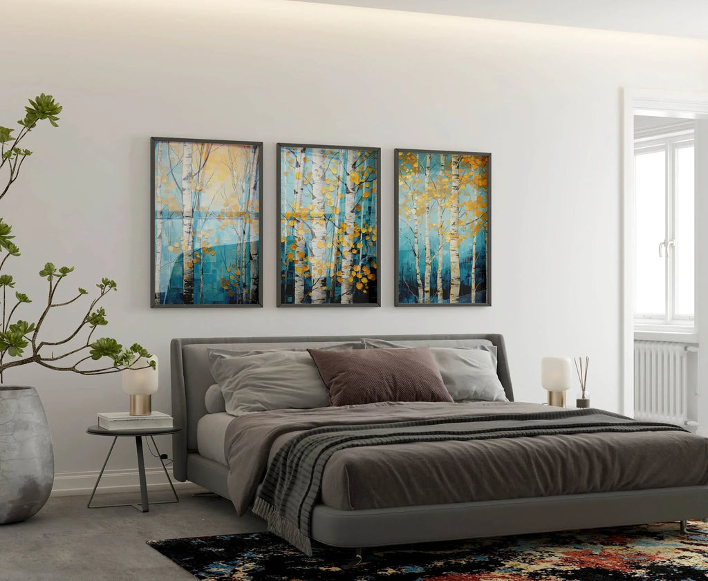 Birch tree wall art set of 3 – gold and navy blue abstract botanical decor