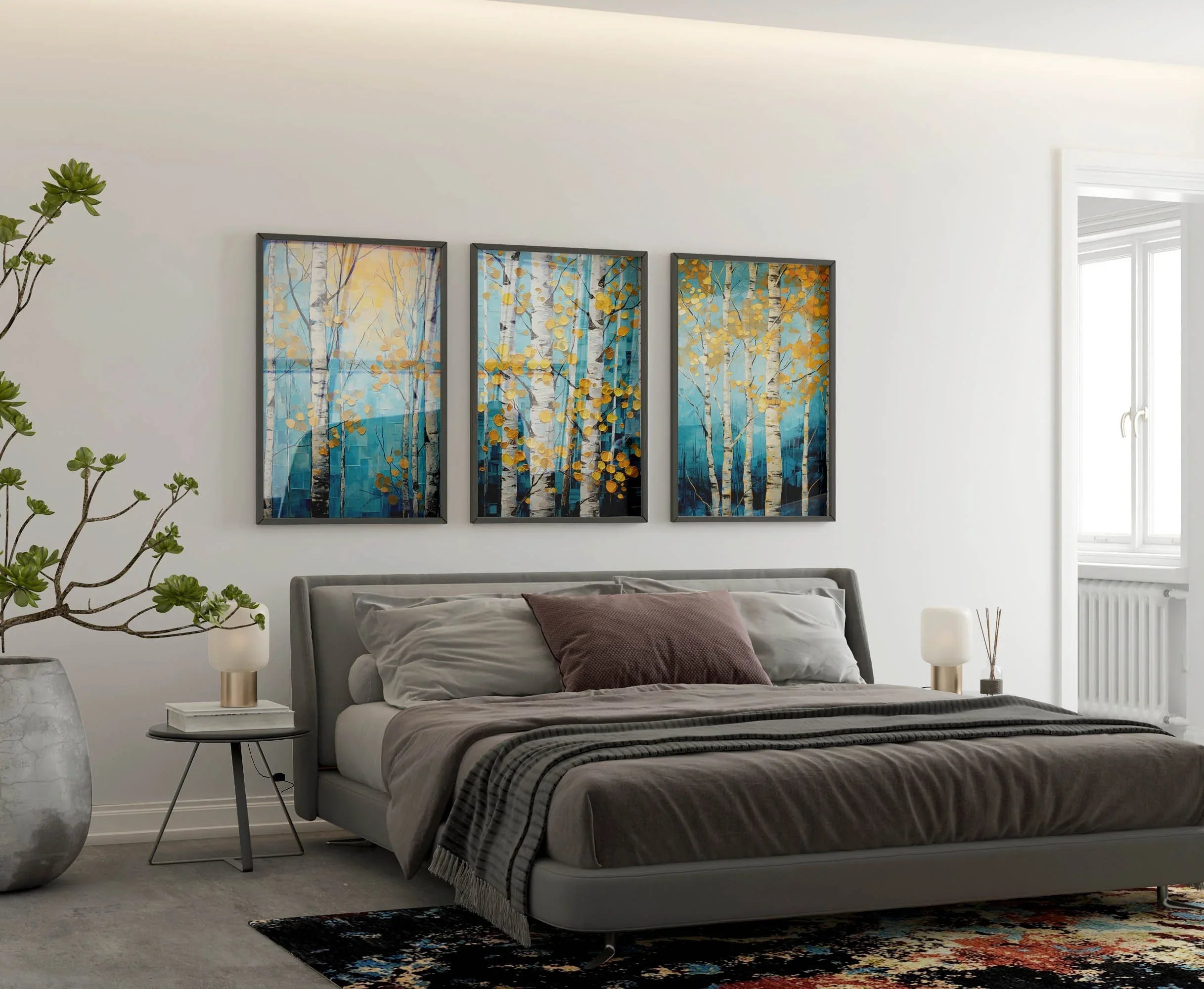 Birch tree wall art set of 3 – gold and navy blue abstract botanical decor