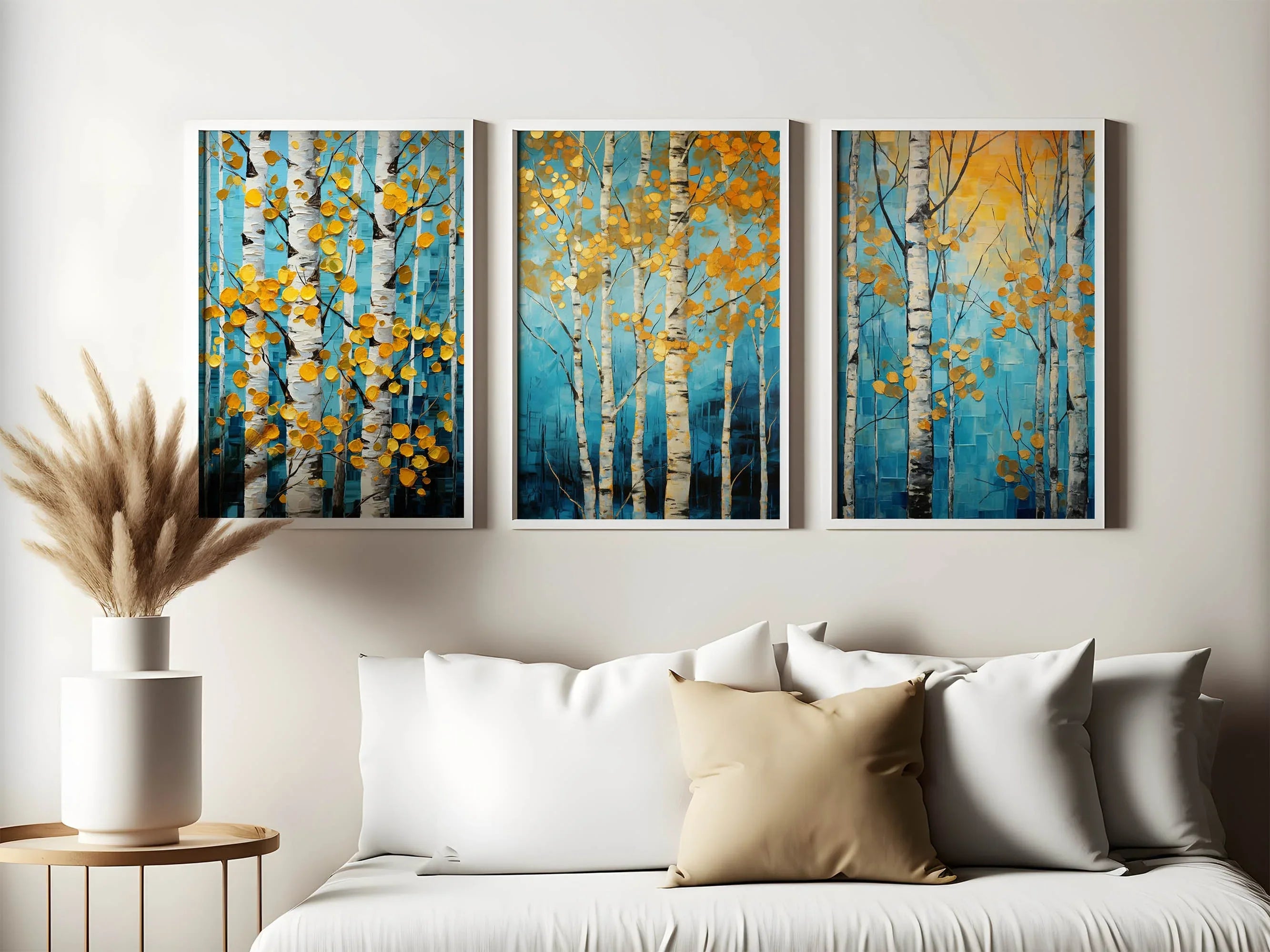 Birch tree wall art set of 3 – gold and navy blue abstract botanical decor