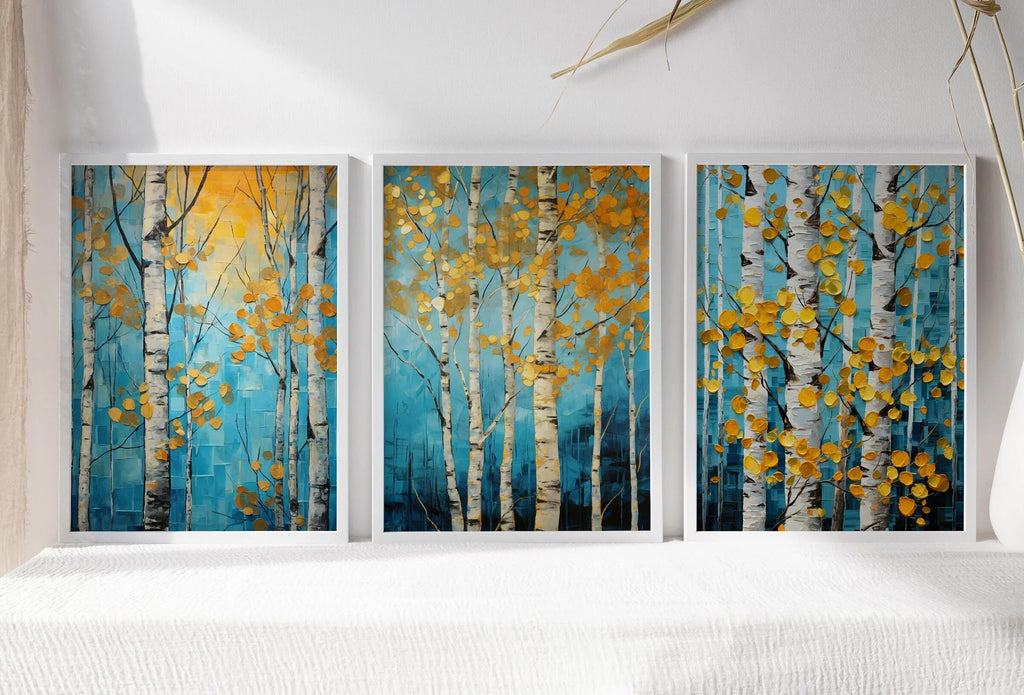 Birch tree wall art set of 3 – gold and navy blue abstract botanical decor