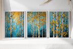 Birch tree wall art set of 3 – gold and navy blue abstract botanical decor