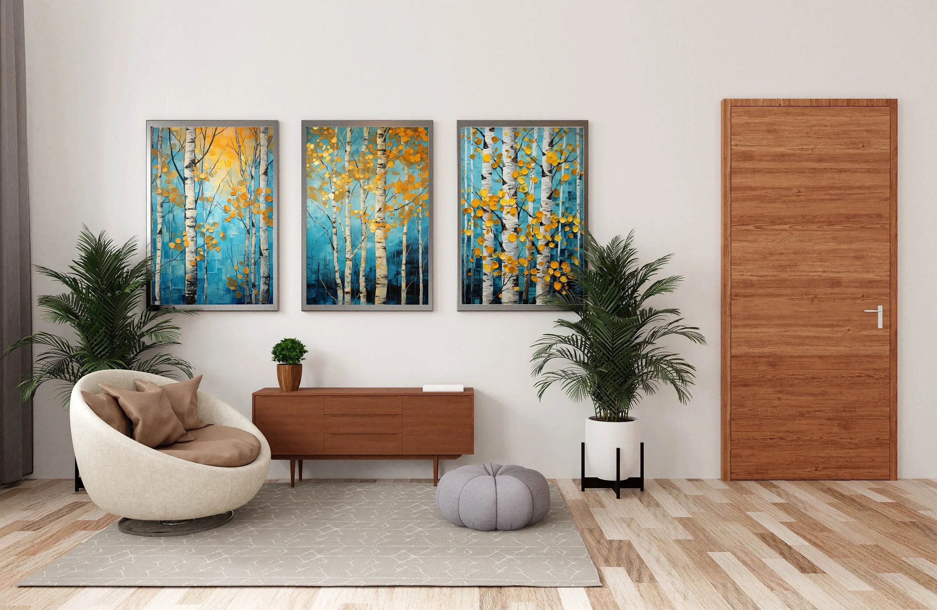 Birch tree wall art set of 3 – gold and navy blue abstract botanical decor