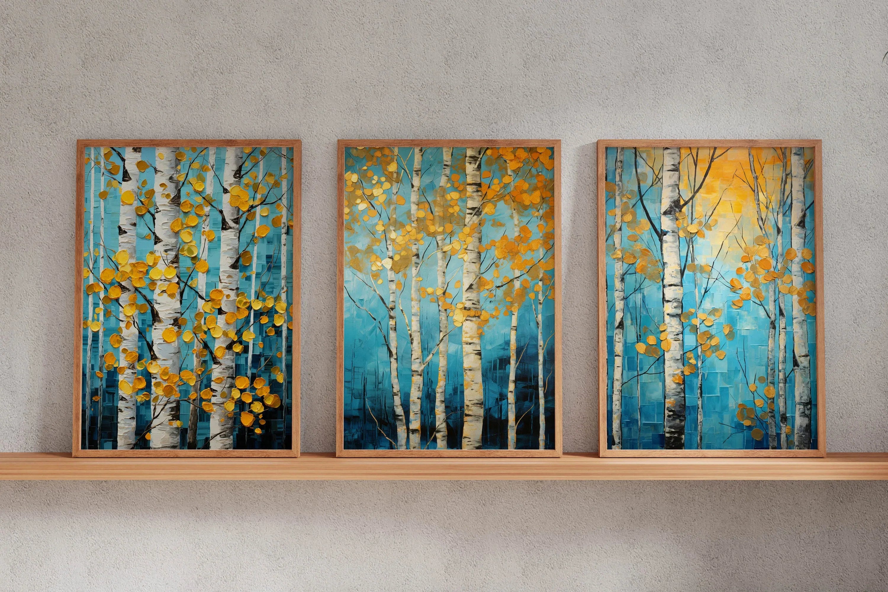 Birch tree wall art set of 3 – gold and navy blue abstract botanical decor