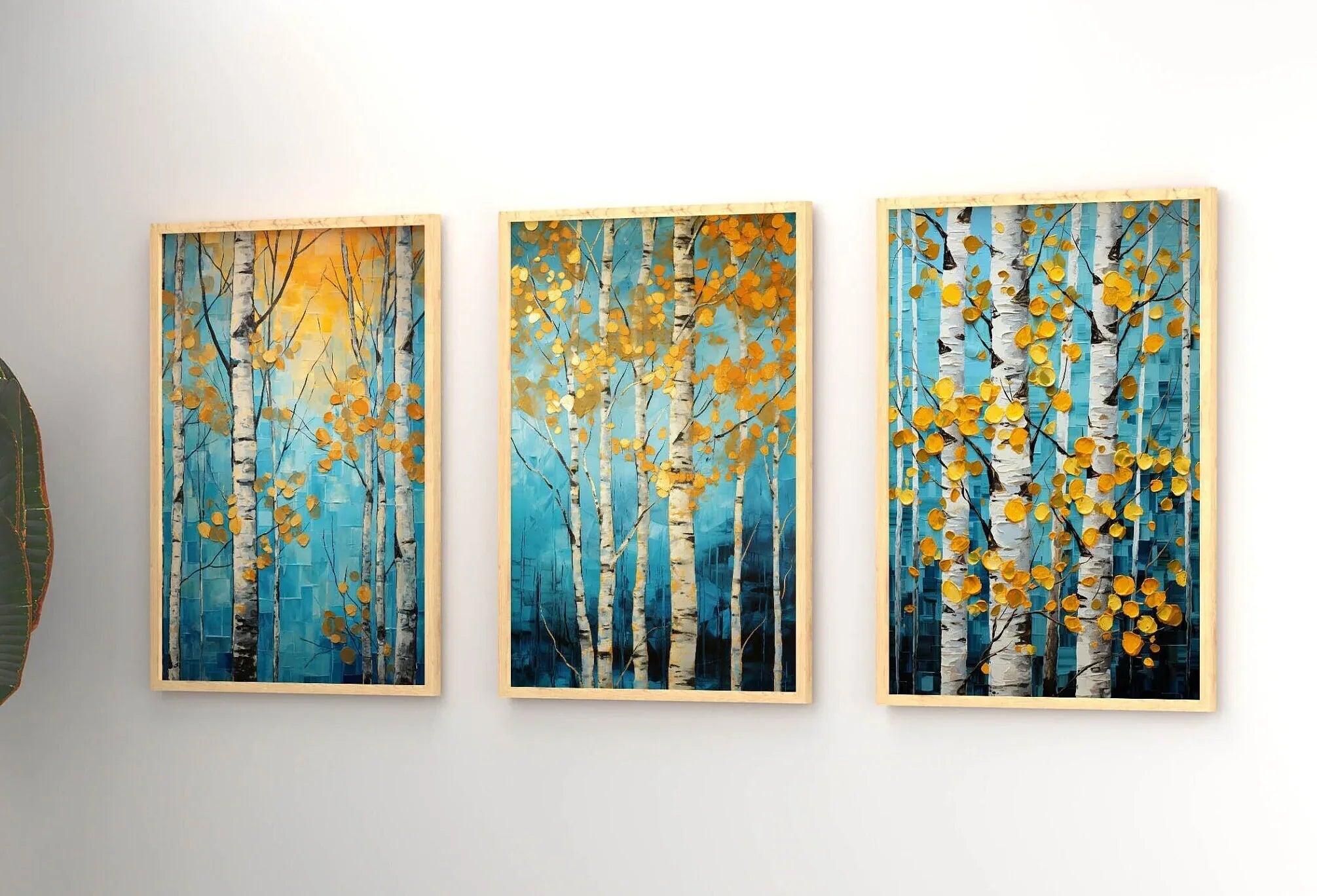 Birch tree wall art set of 3 – gold and navy blue abstract botanical decor