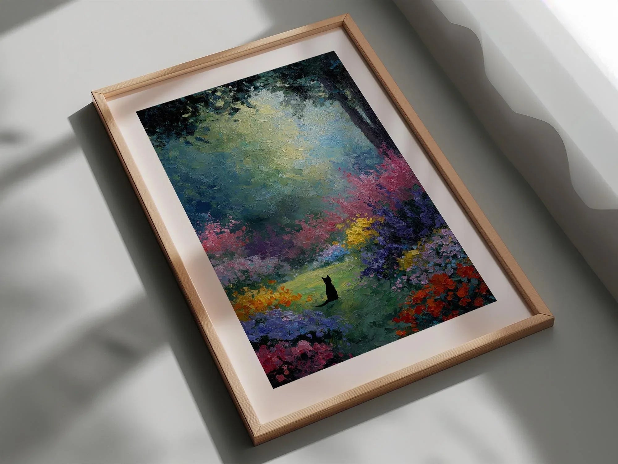 Black cat oil painting wall art – colourful impressionist flower garden decor