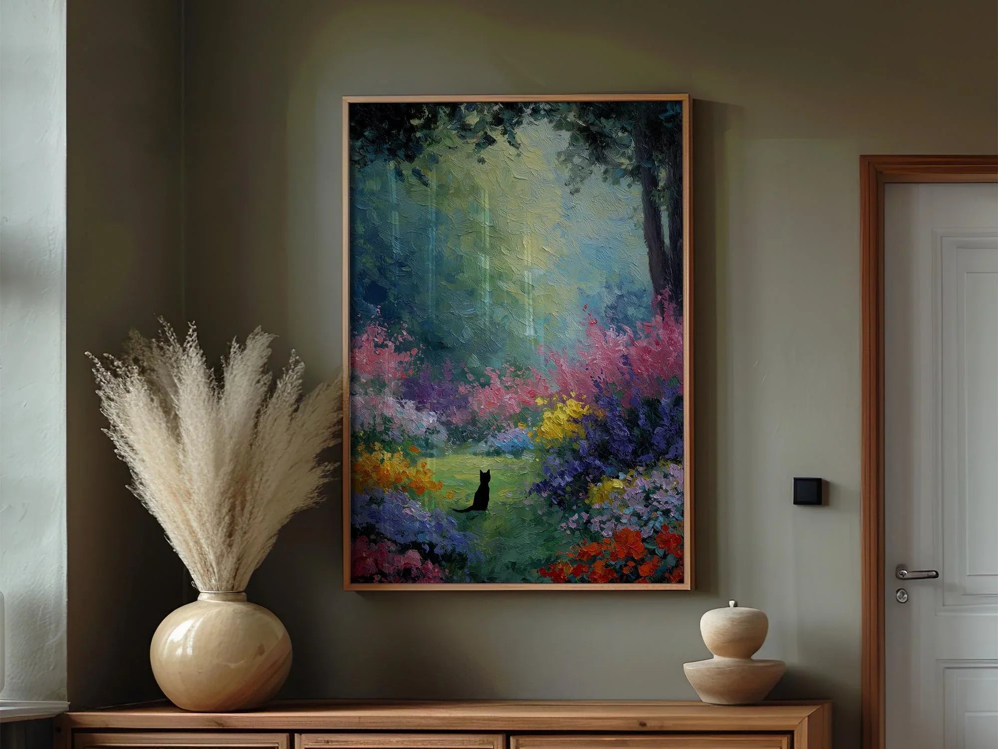Black cat oil painting wall art – colourful impressionist flower garden decor