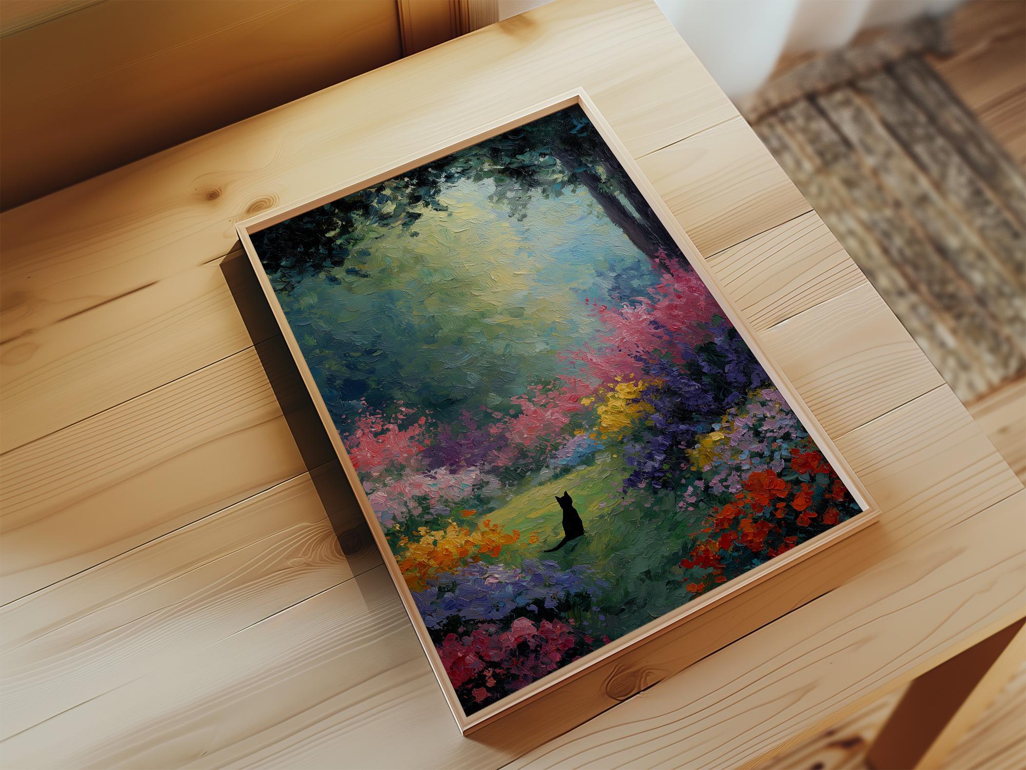 Black cat oil painting wall art – colourful impressionist flower garden decor