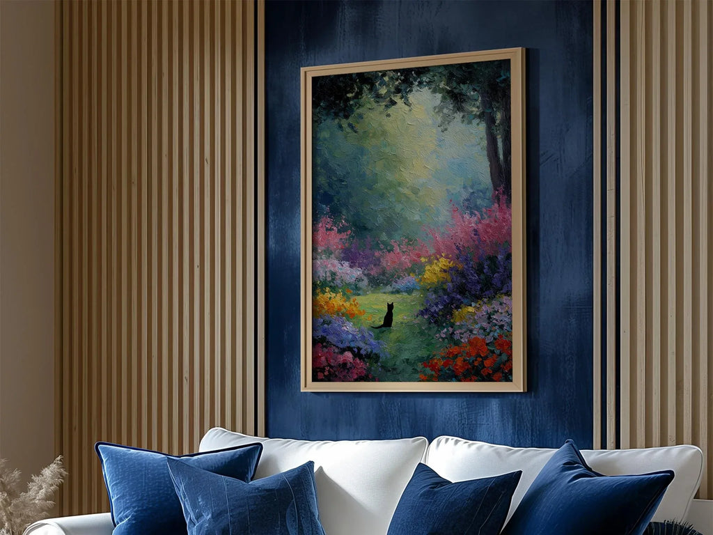 Black cat oil painting wall art – colourful impressionist flower garden decor