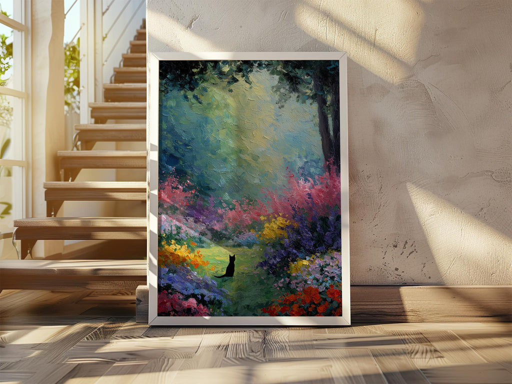 Black cat oil painting wall art – colourful impressionist flower garden decor