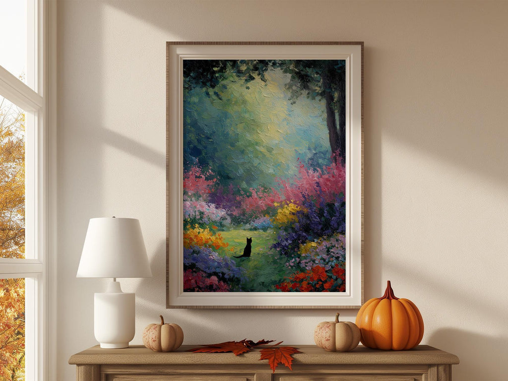 Black cat oil painting wall art – colourful impressionist flower garden decor