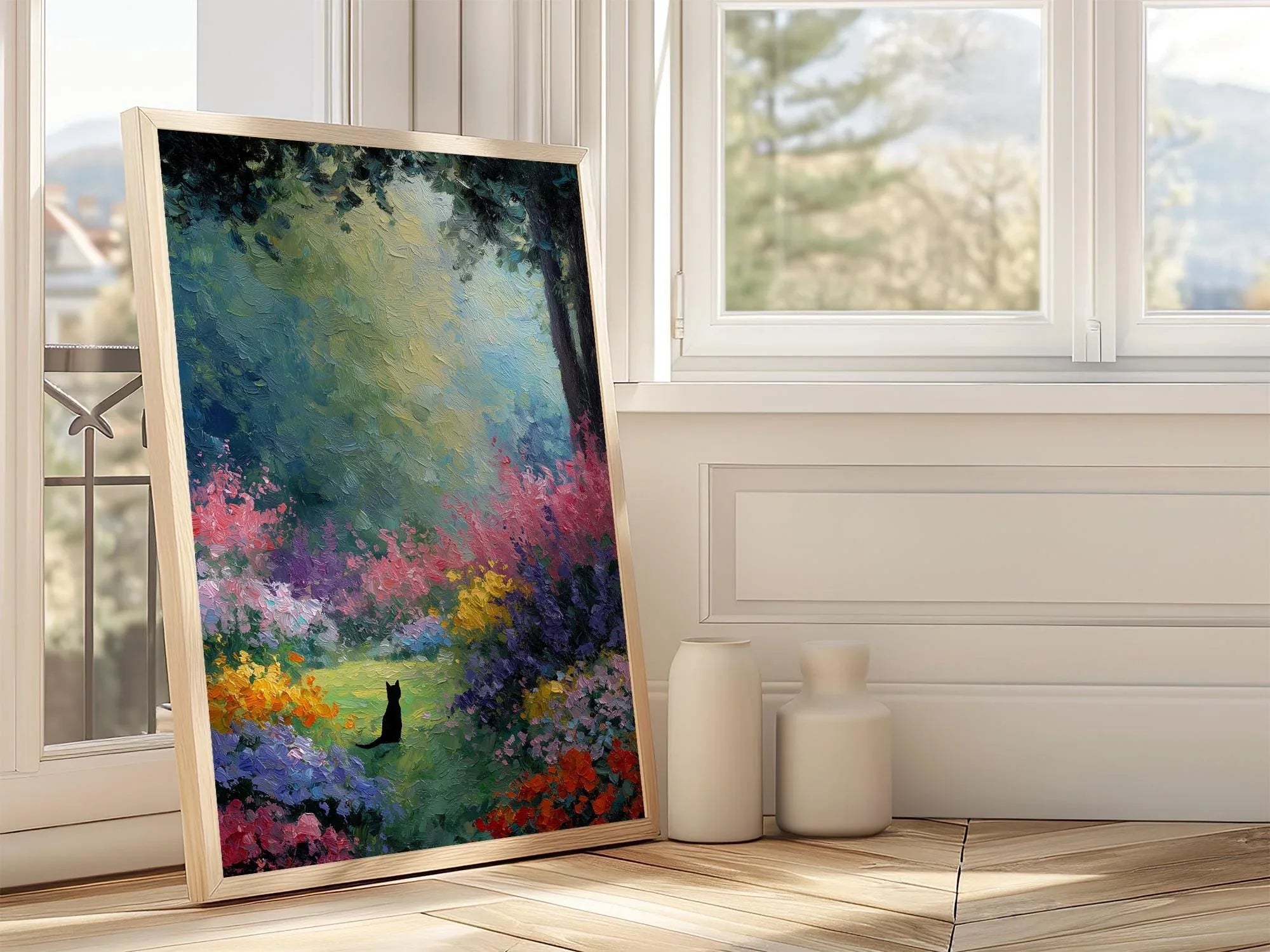Black cat oil painting wall art – colourful impressionist flower garden decor