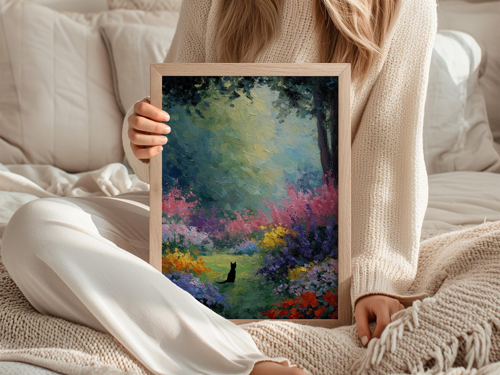 Black cat oil painting wall art – colourful impressionist flower garden decor