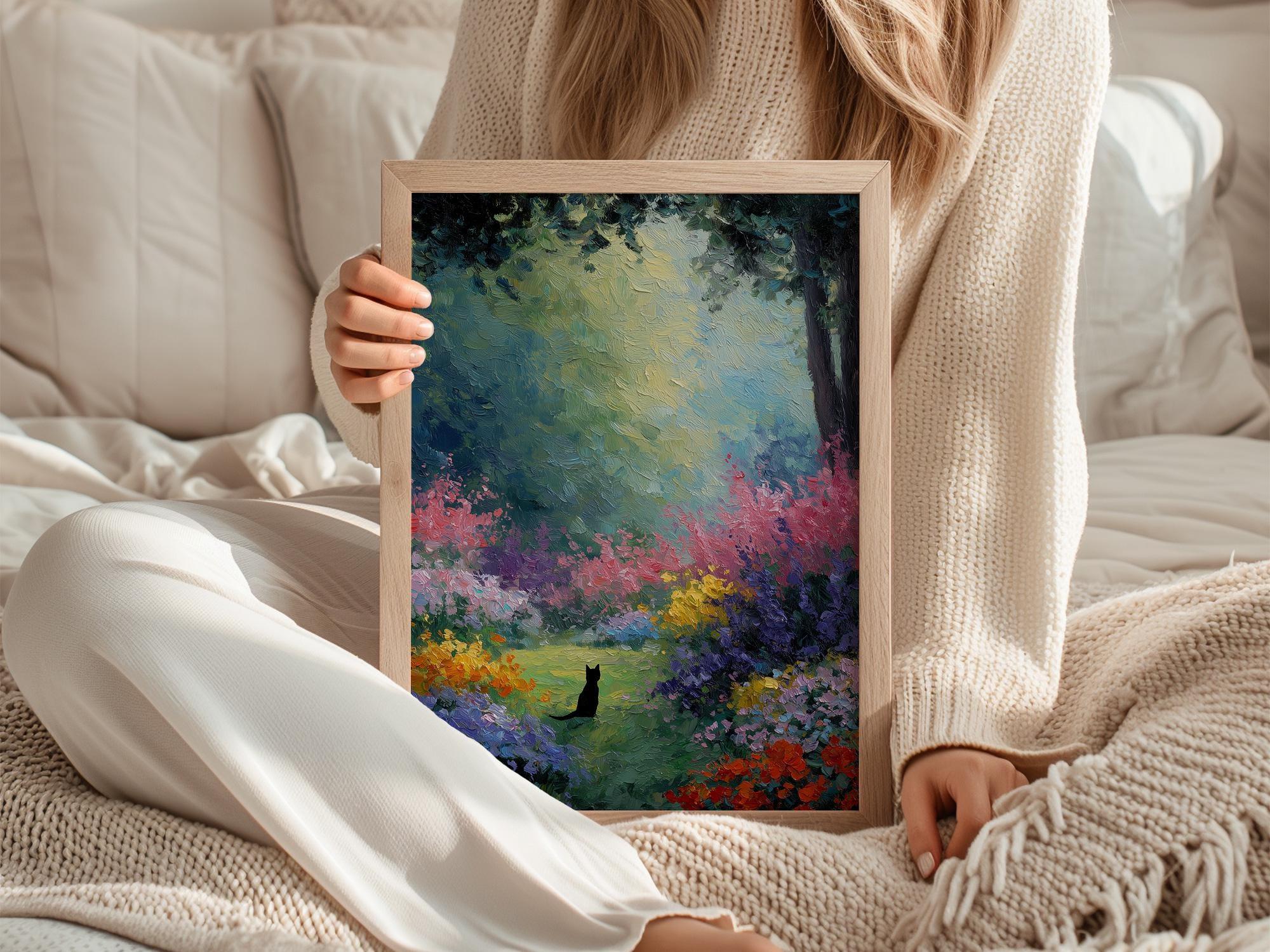 Black cat oil painting wall art – colourful impressionist flower garden decor