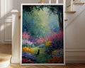 Black cat oil painting wall art – colourful impressionist flower garden decor