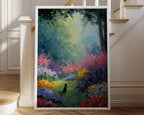 Black cat oil painting wall art – colourful impressionist flower garden decor
