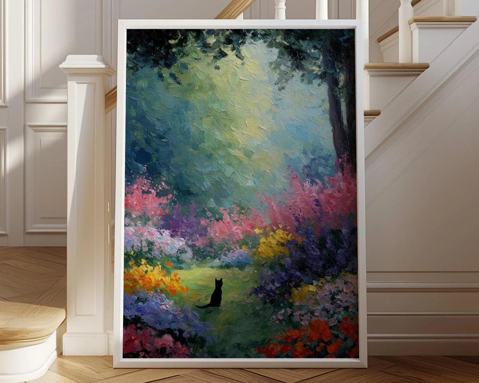 Black cat oil painting wall art – colourful impressionist flower garden decor