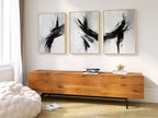 Black and white abstract brush stroke triptych – minimalist monochrome art