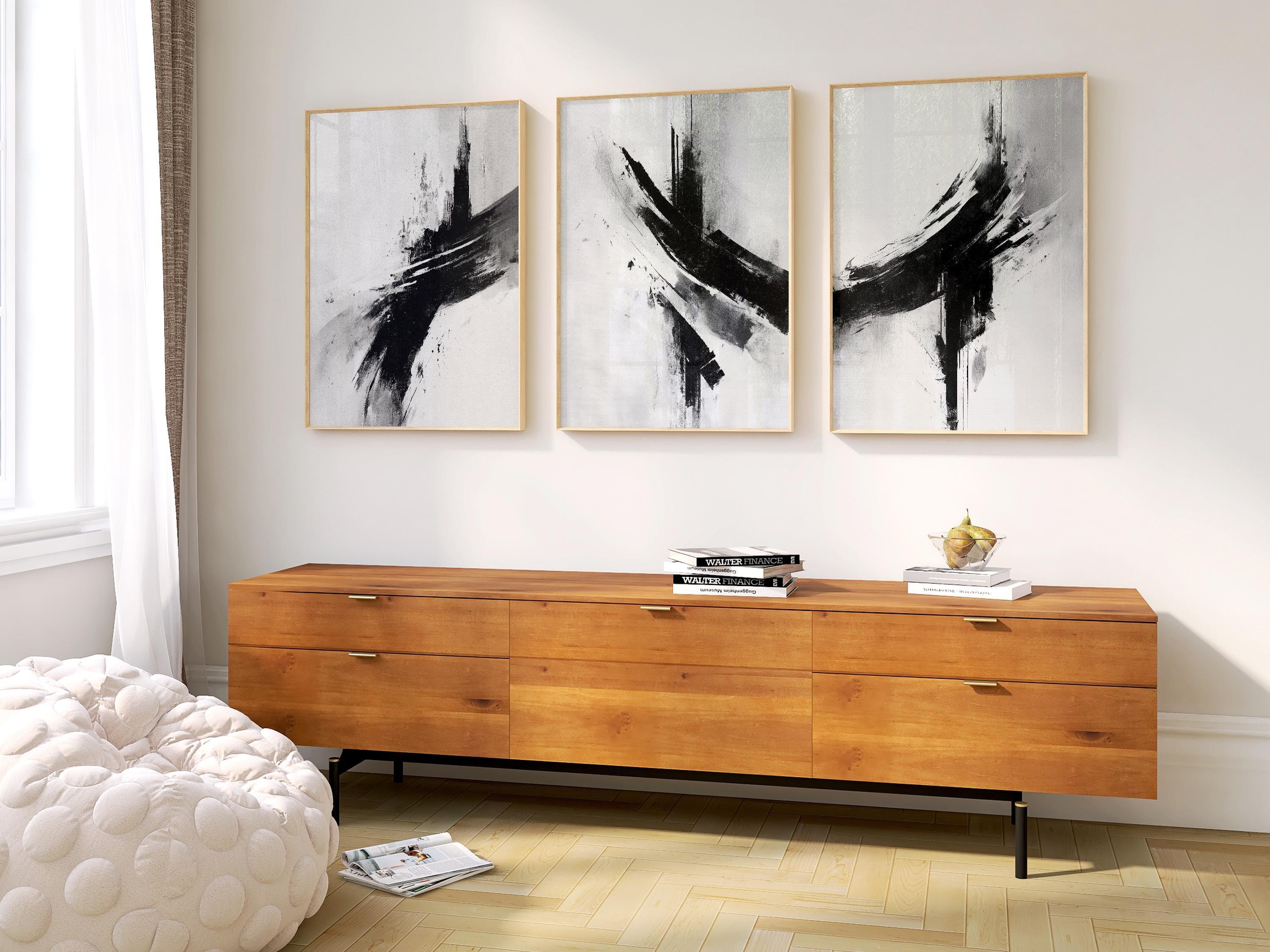Black and white abstract brush stroke triptych – minimalist monochrome art