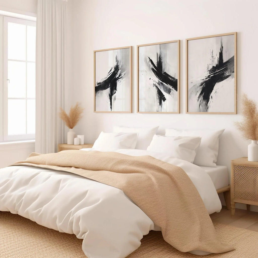 Black and white abstract brush stroke triptych – minimalist monochrome art