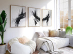 Black and white abstract brush stroke triptych – minimalist monochrome art
