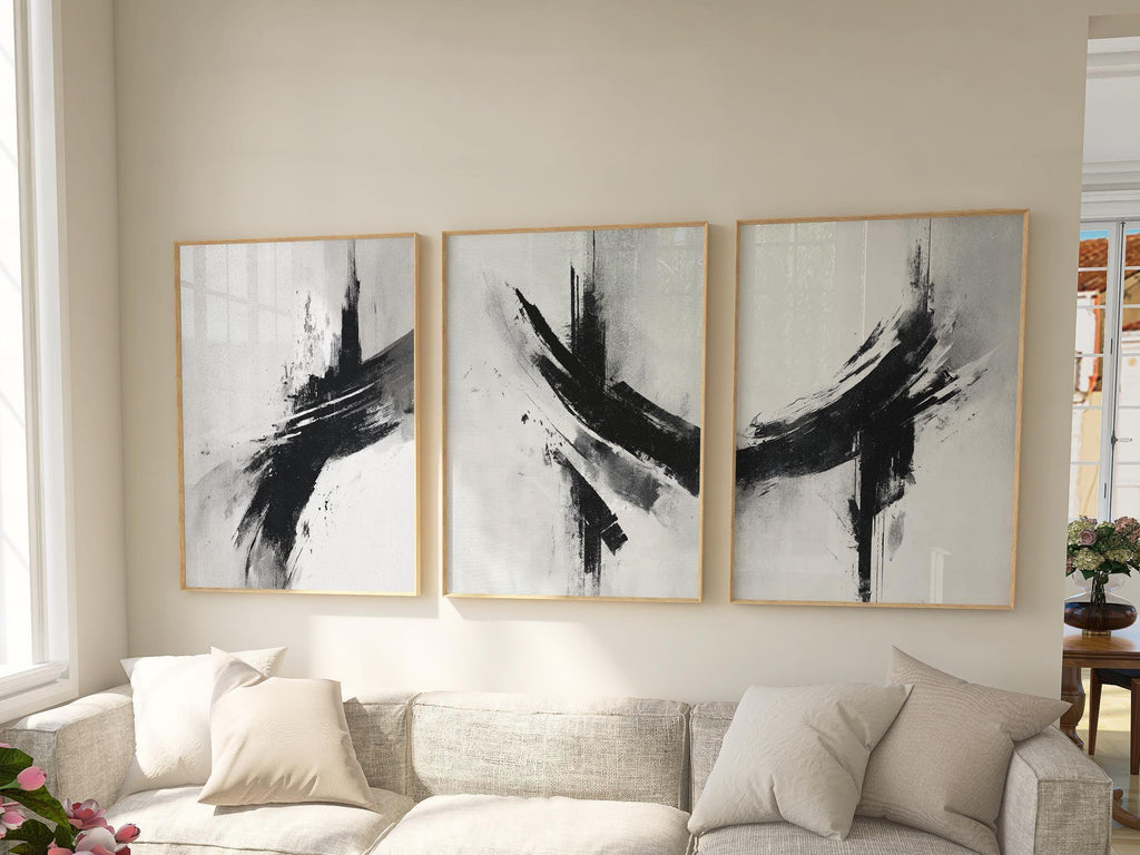 Black and white abstract brush stroke triptych – minimalist monochrome art