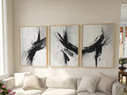 Black and white abstract brush stroke triptych – minimalist monochrome art
