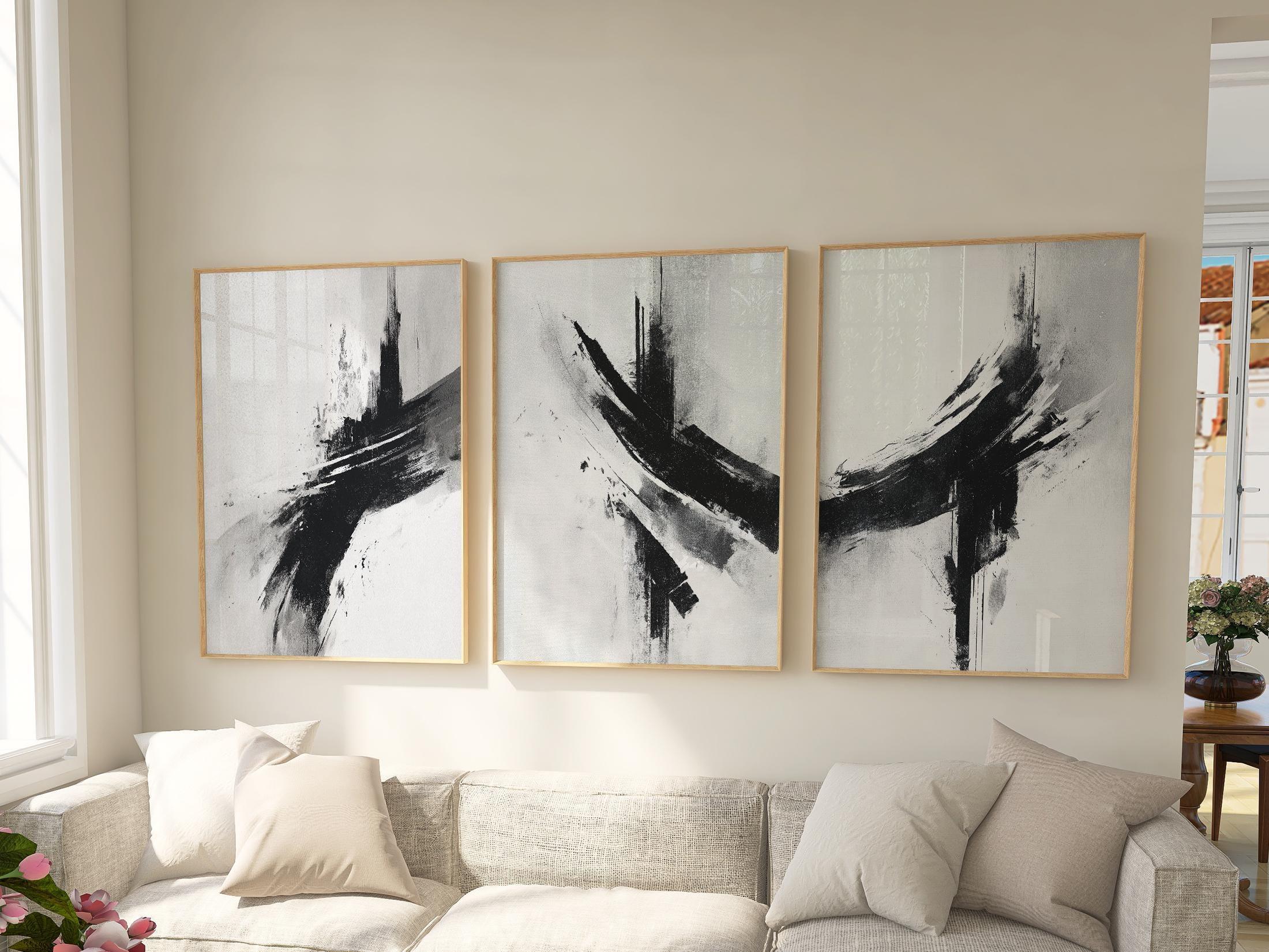 Black and white abstract brush stroke triptych – minimalist monochrome art