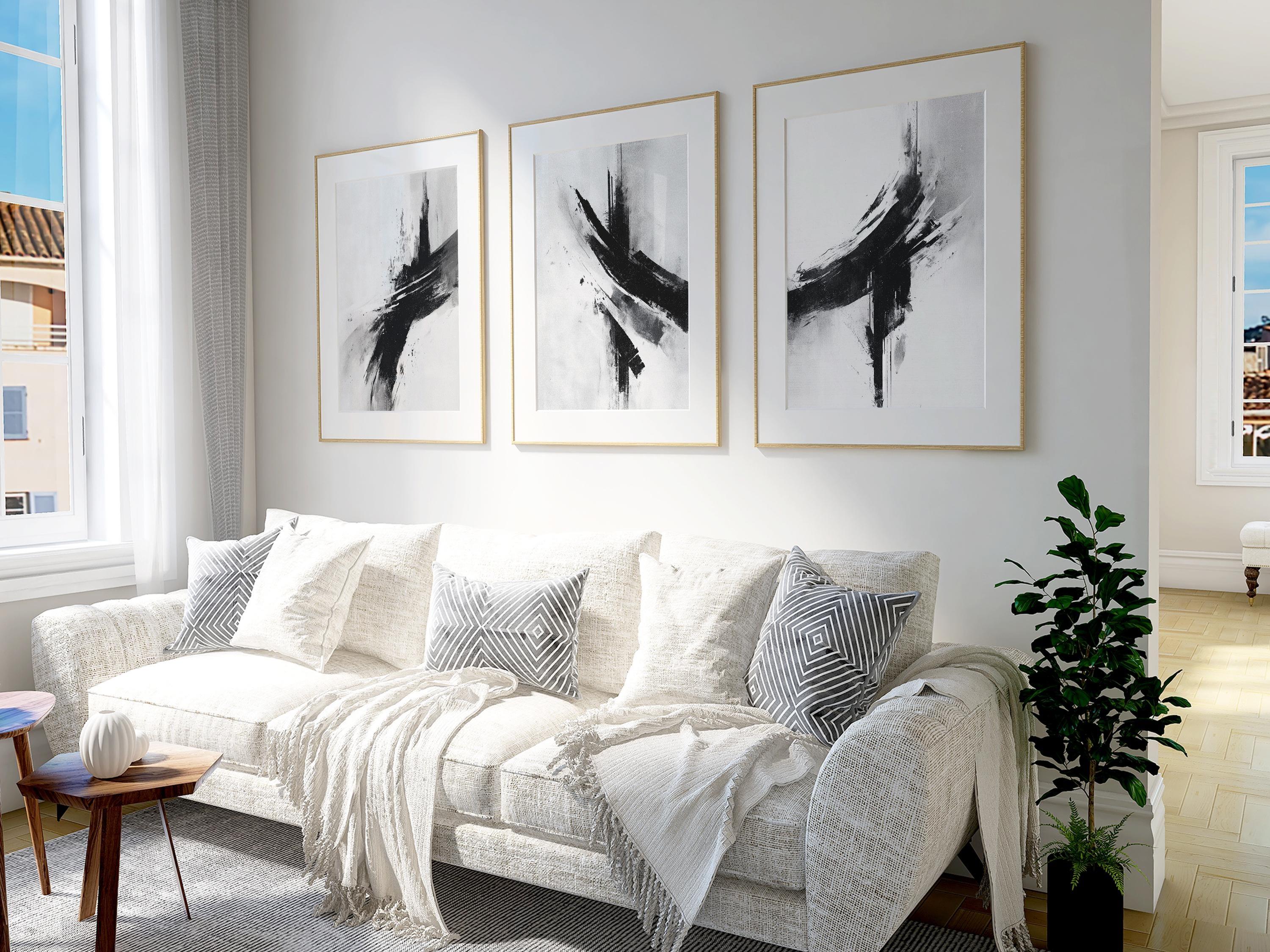 Black and white abstract brush stroke triptych – minimalist monochrome art