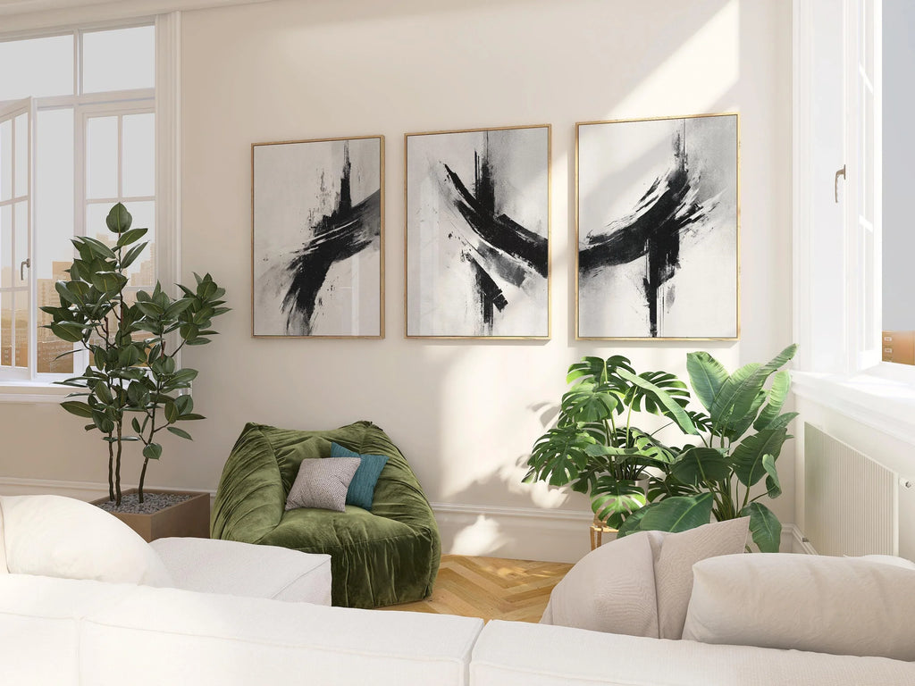 Black and white abstract brush stroke triptych – minimalist monochrome art