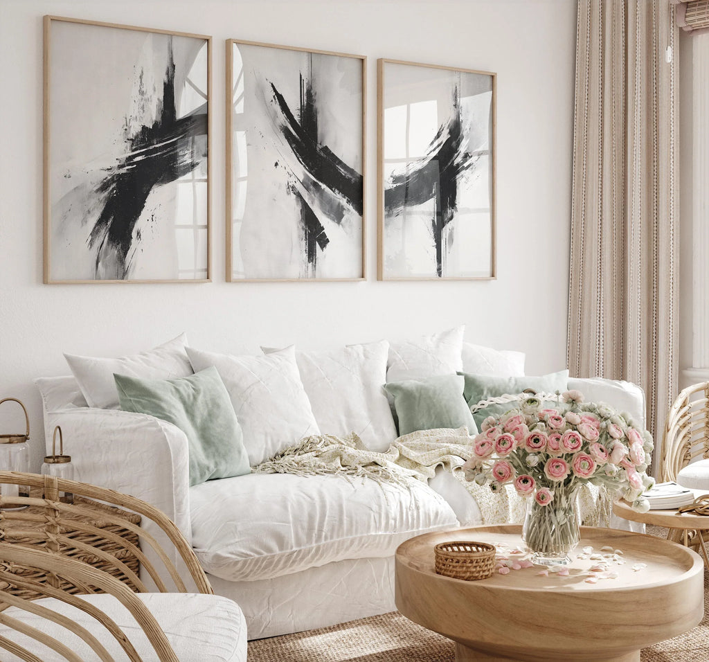 Black and white abstract brush stroke triptych – minimalist monochrome art