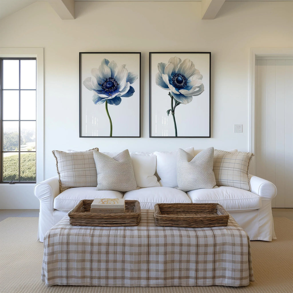 Blue anemone floral wall art set of 2 – modern botanical blue flower decor