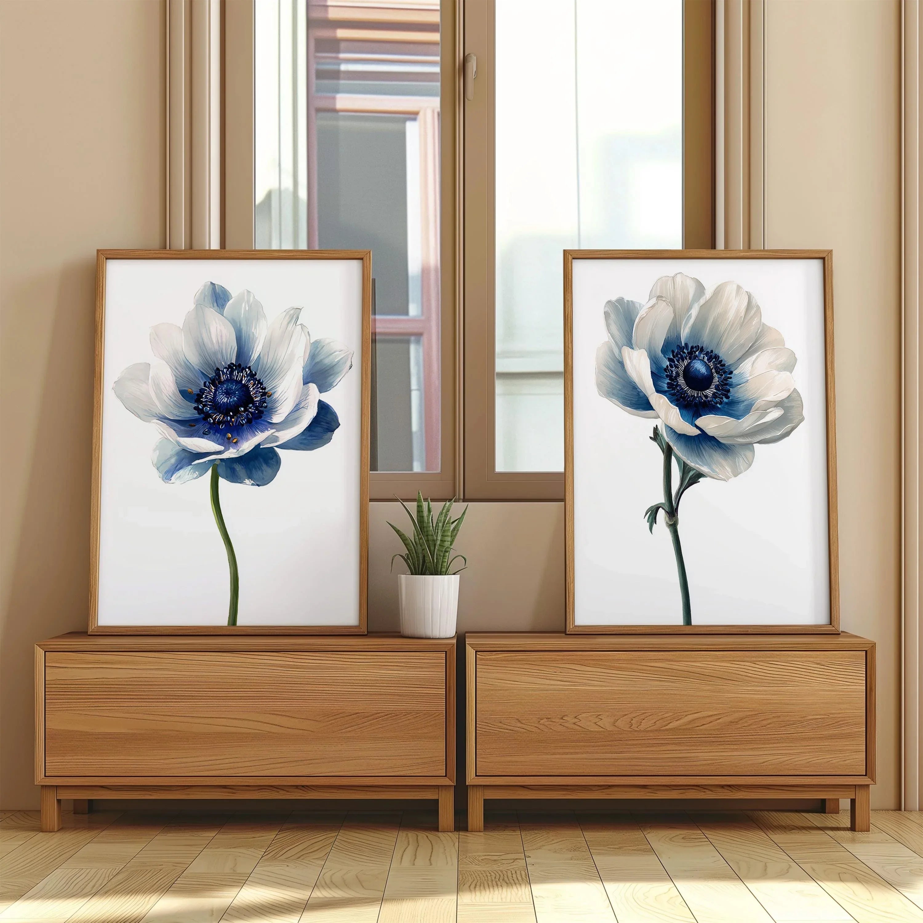 Blue anemone floral wall art set of 2 – modern botanical blue flower decor