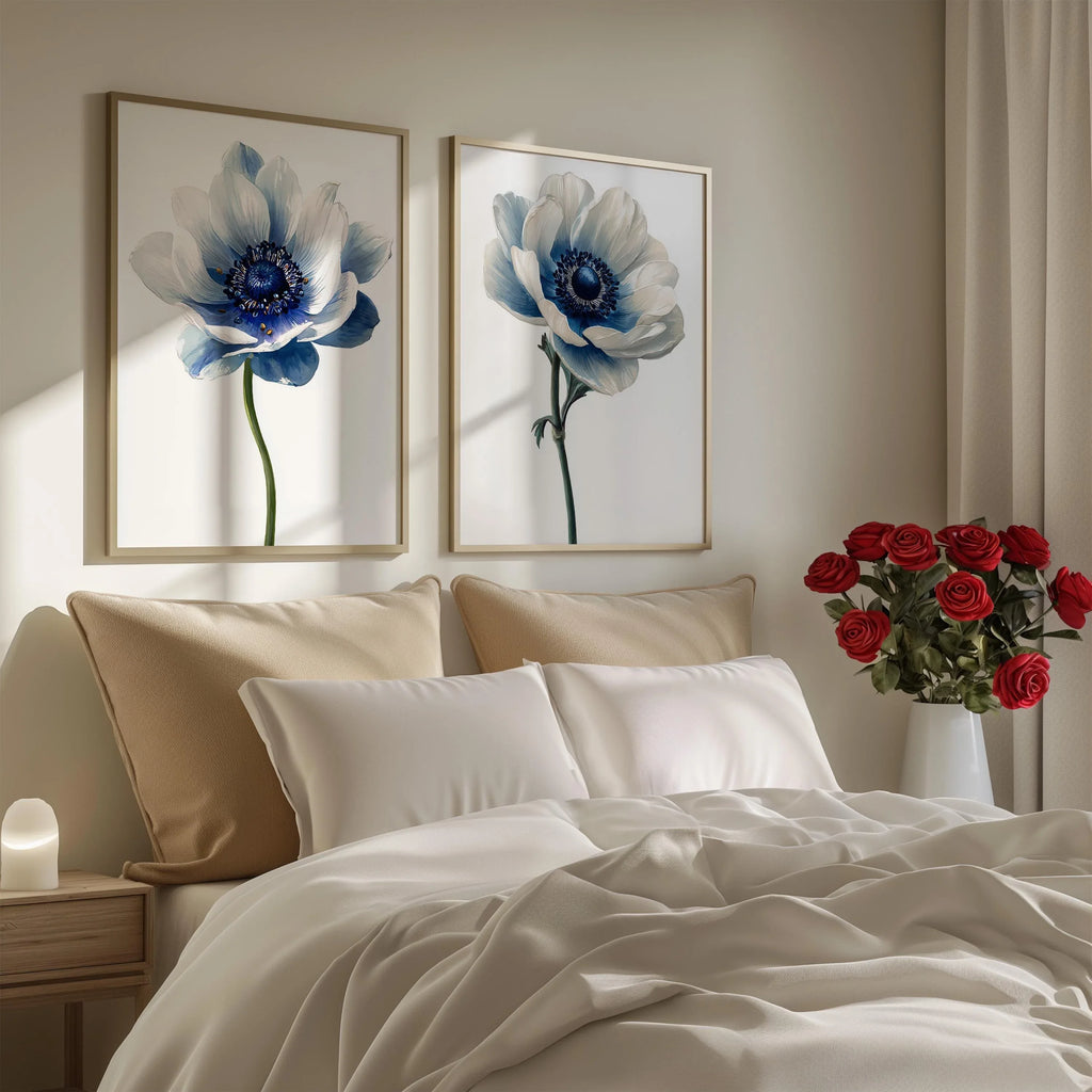 Blue anemone floral wall art set of 2 – modern botanical blue flower decor