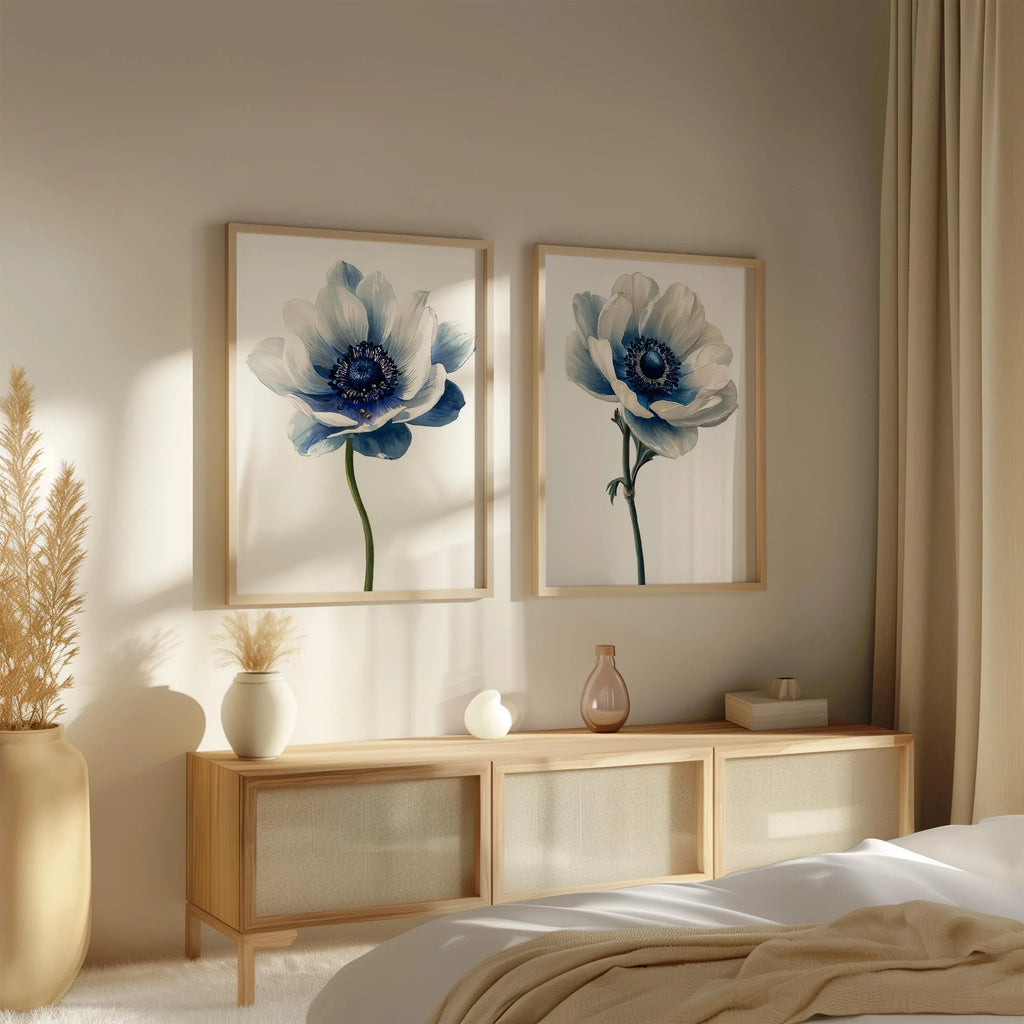 Blue anemone floral wall art set of 2 – modern botanical blue flower decor