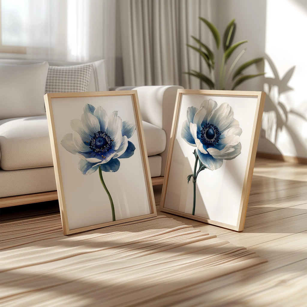 Blue anemone floral wall art set of 2 – modern botanical blue flower decor