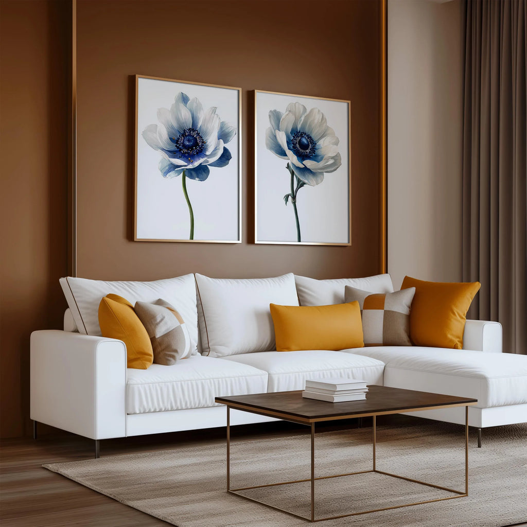 Blue anemone floral wall art set of 2 – modern botanical blue flower decor