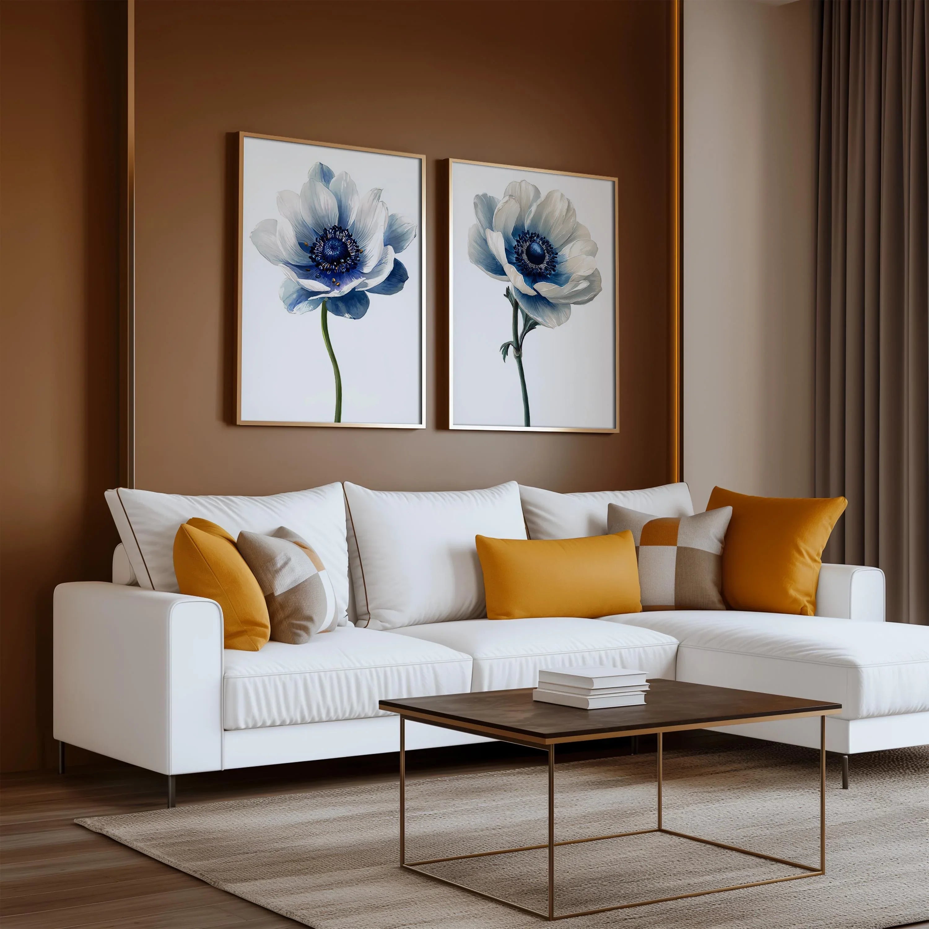 Blue anemone floral wall art set of 2 – modern botanical blue flower decor