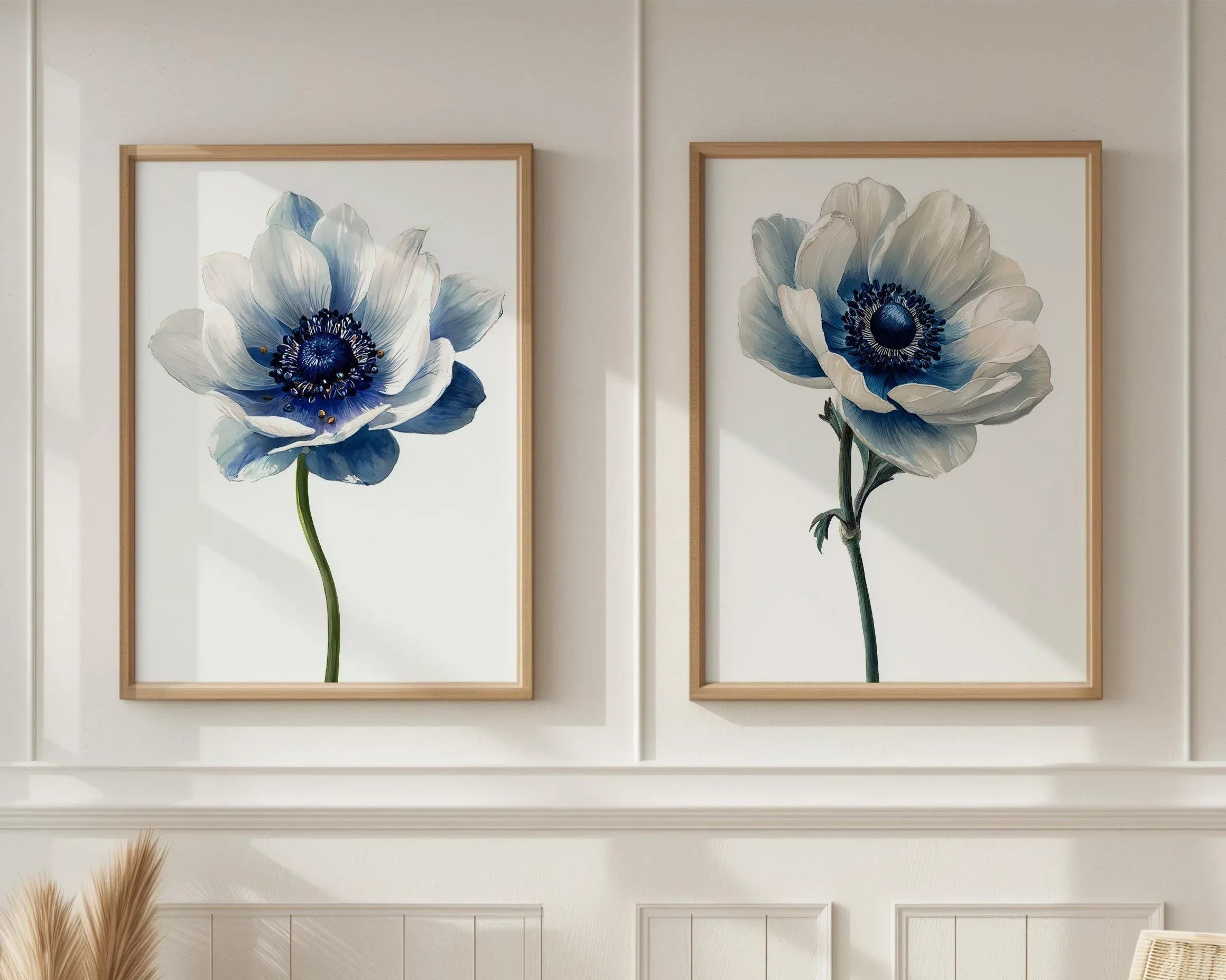 Blue anemone floral wall art set of 2 – modern botanical blue flower decor