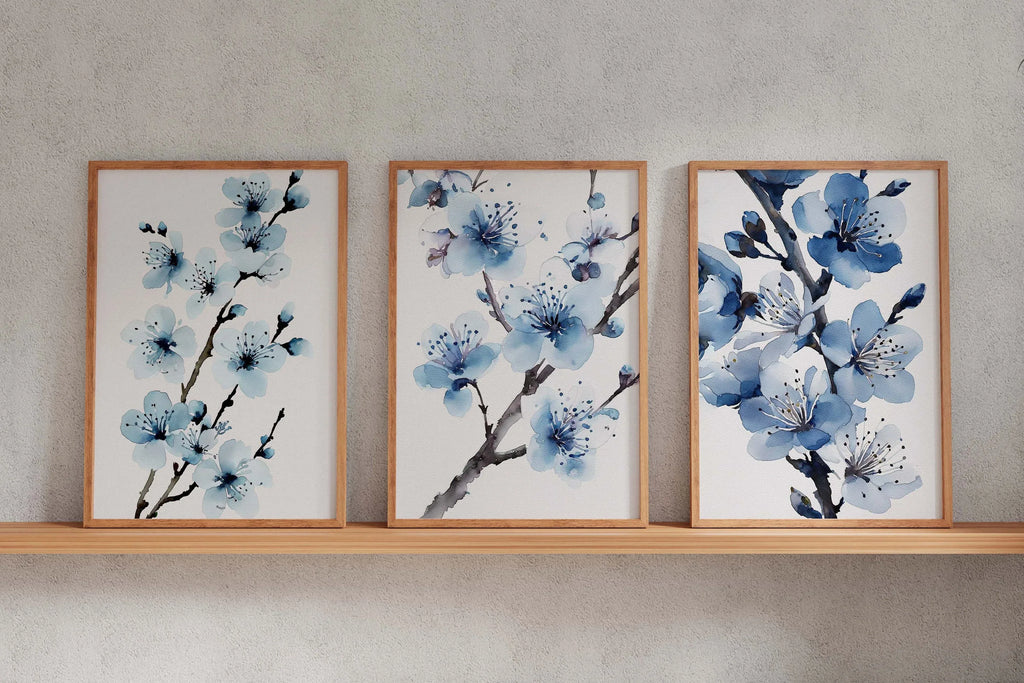 Blue cherry blossom watercolour wall art set – cerulean botanical triptych