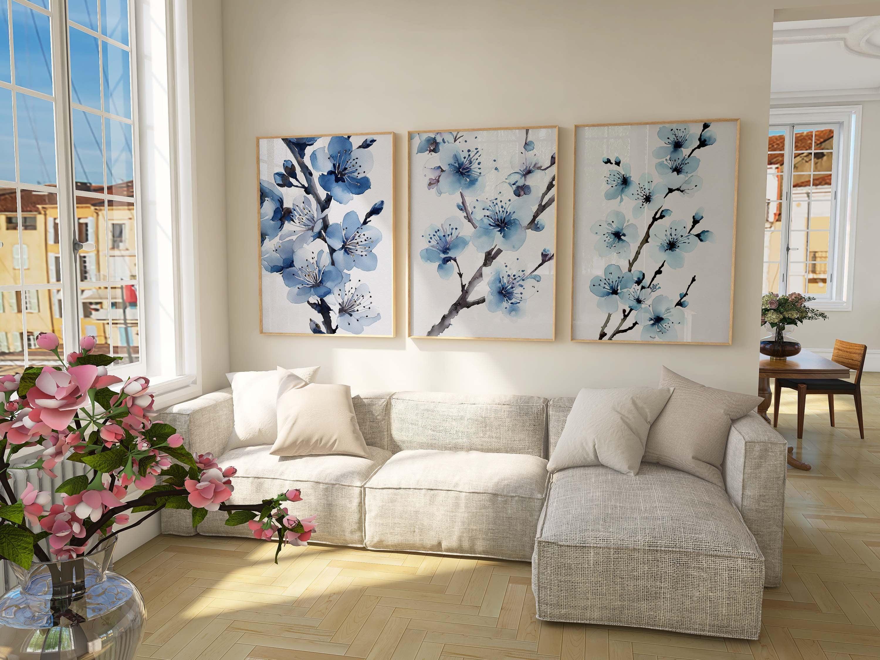 Blue cherry blossom watercolour wall art set – cerulean botanical triptych