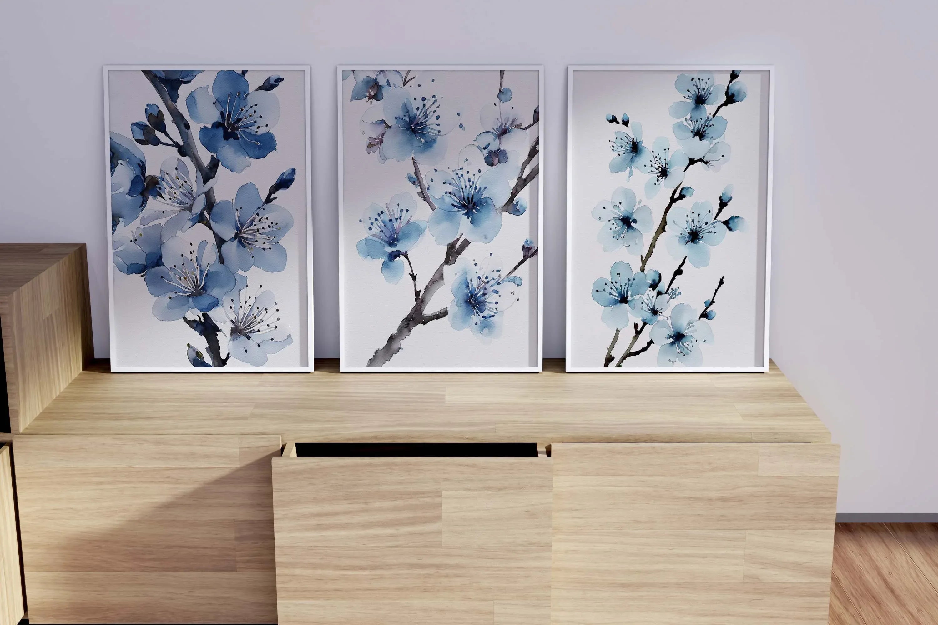 Blue cherry blossom watercolour wall art set – cerulean botanical triptych
