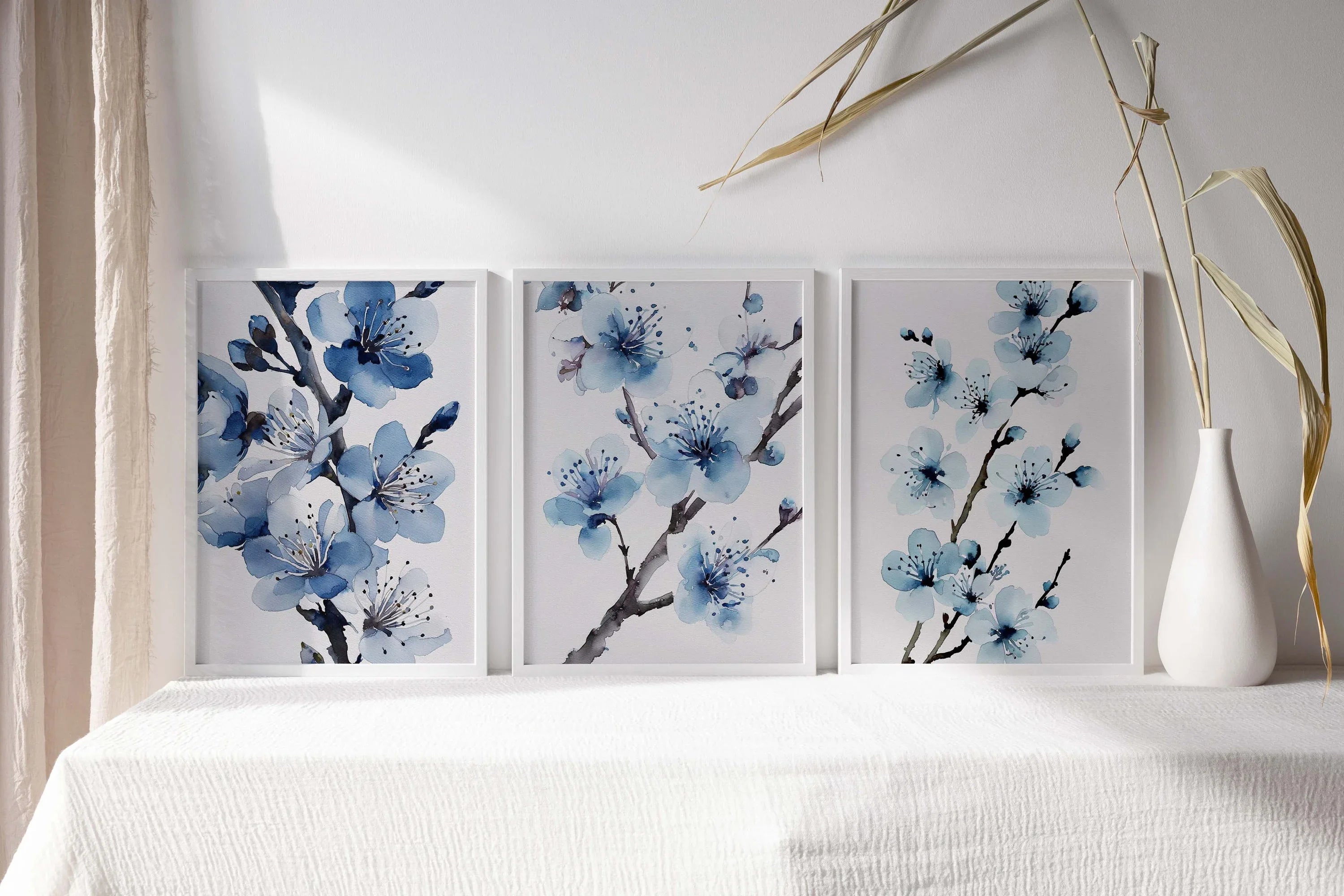 Blue cherry blossom watercolour wall art set – cerulean botanical triptych