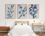 Blue cherry blossom watercolour wall art set – cerulean botanical triptych