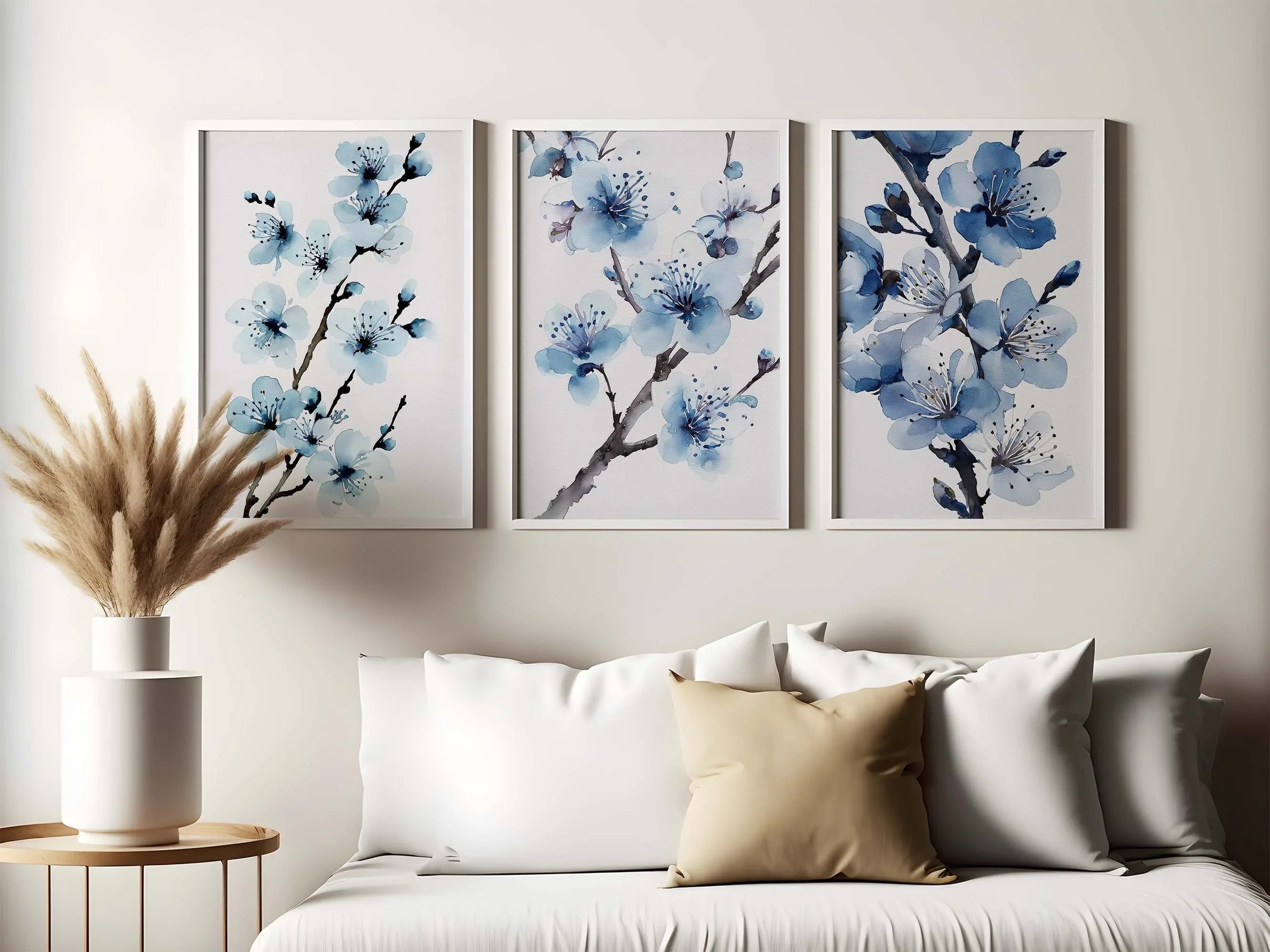 Blue cherry blossom watercolour wall art set – cerulean botanical triptych