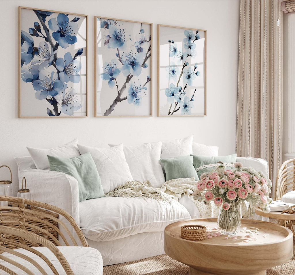 Blue cherry blossom watercolour wall art set – cerulean botanical triptych